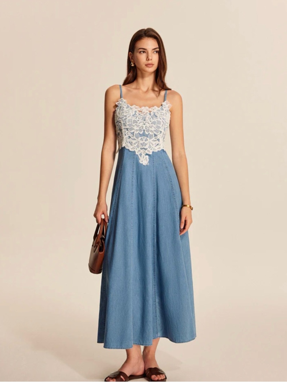 Commense Light Blue Maxi Dress with White Lace Bodice